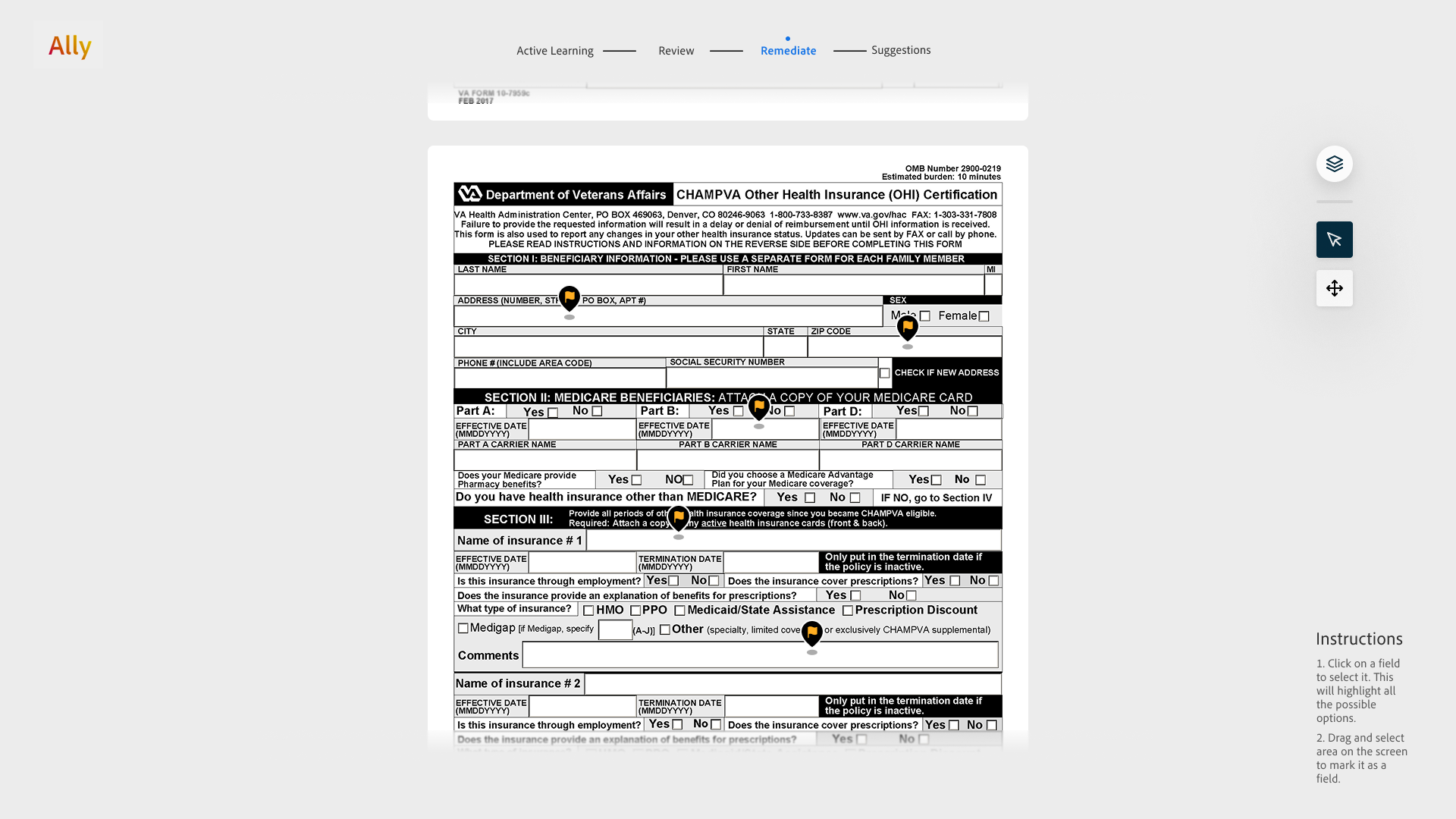 Remediation overview showing flagged fields distributed across a long PDF form