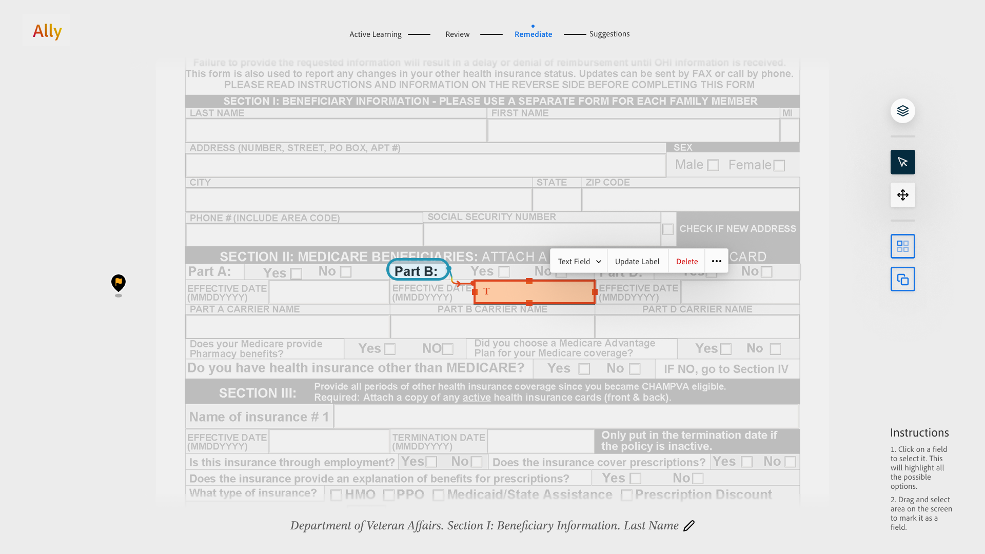 Focused remediation view for changing a field type, label, or bounds