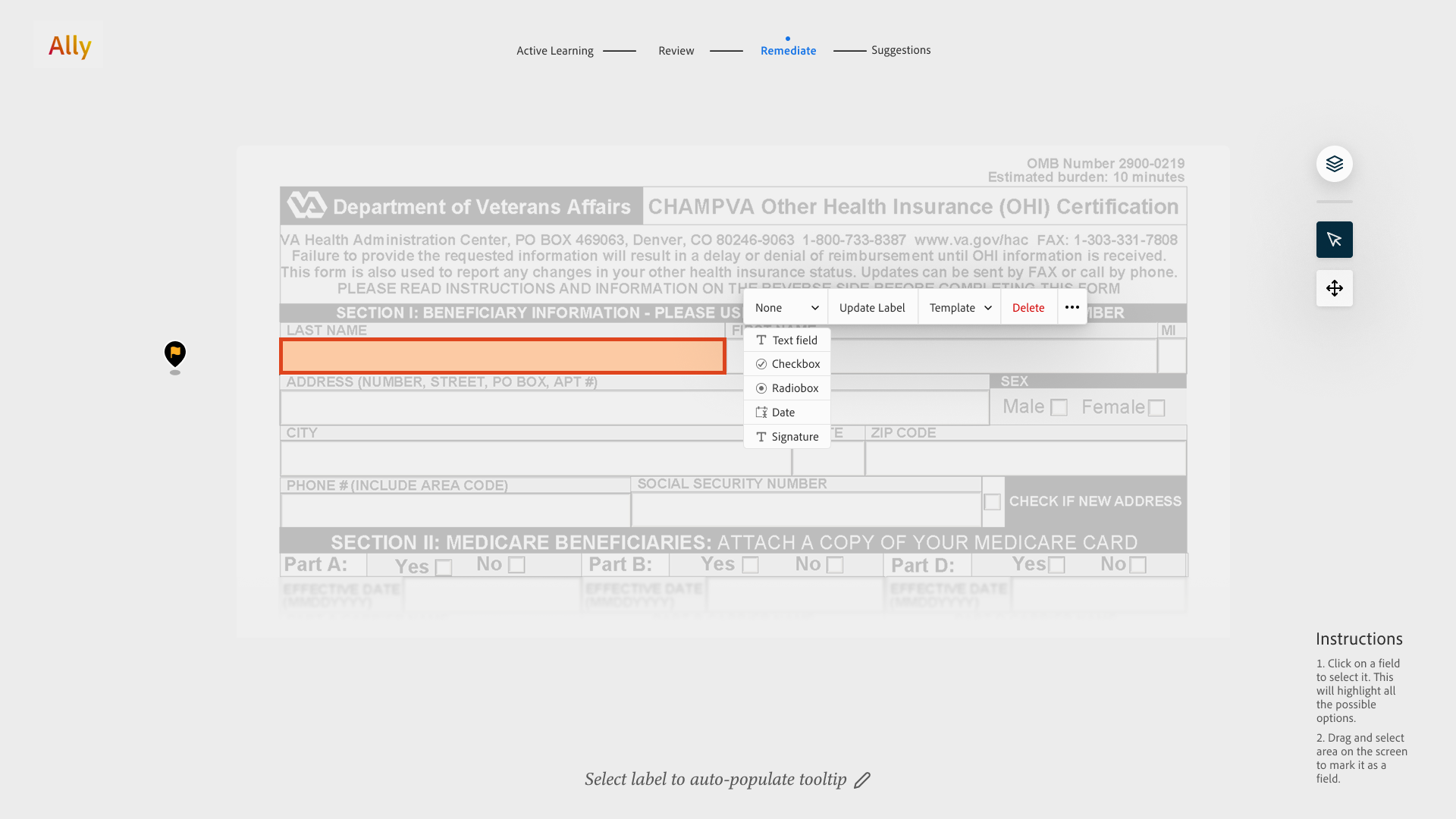 Field-type menu with text, checkbox, radio, date, and signature options