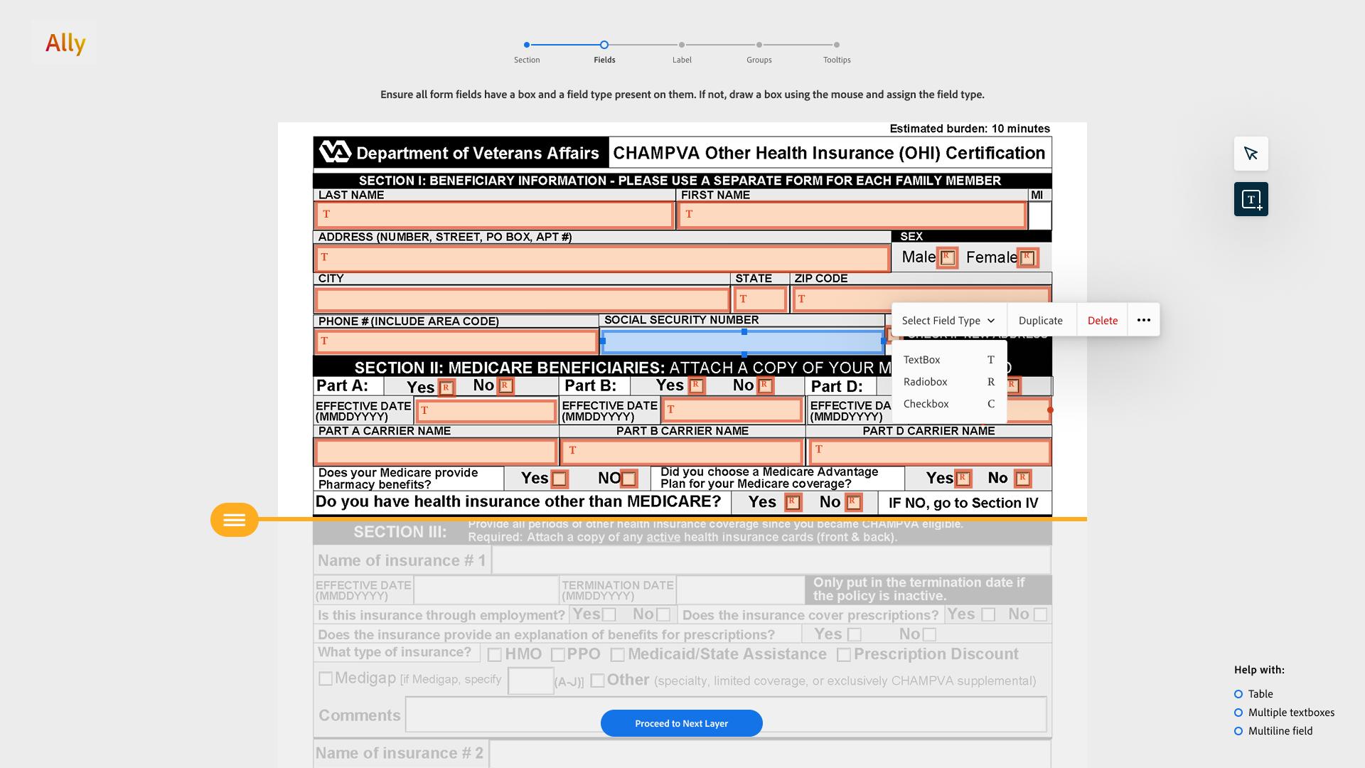 Fields layer showing color-coded text, radio, and checkbox fields in one selected section