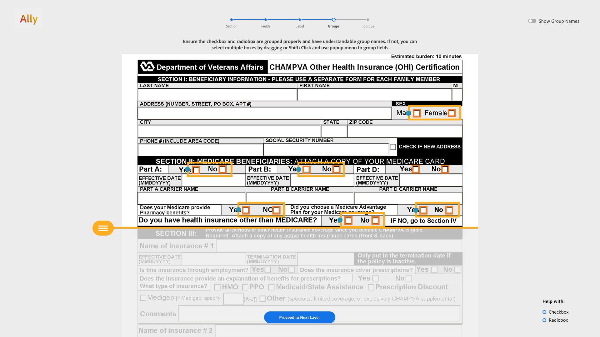 Groups layer showing related radio and checkbox controls outlined together