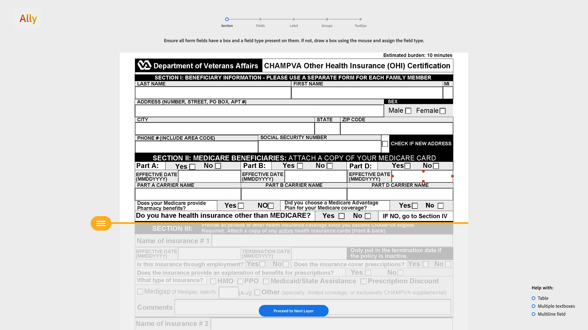 A movable orange separator defining the active section of a PDF form