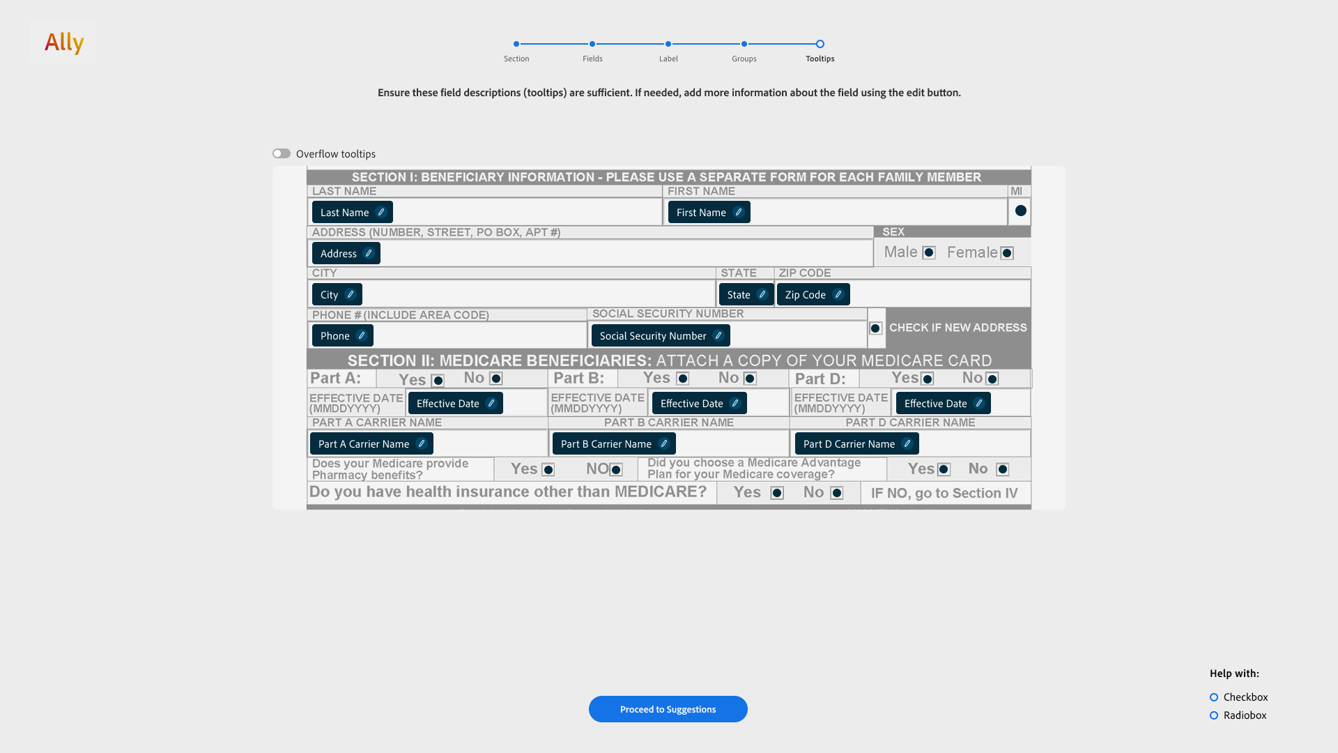 Tooltips layer showing editable labels attached to fields in the selected section