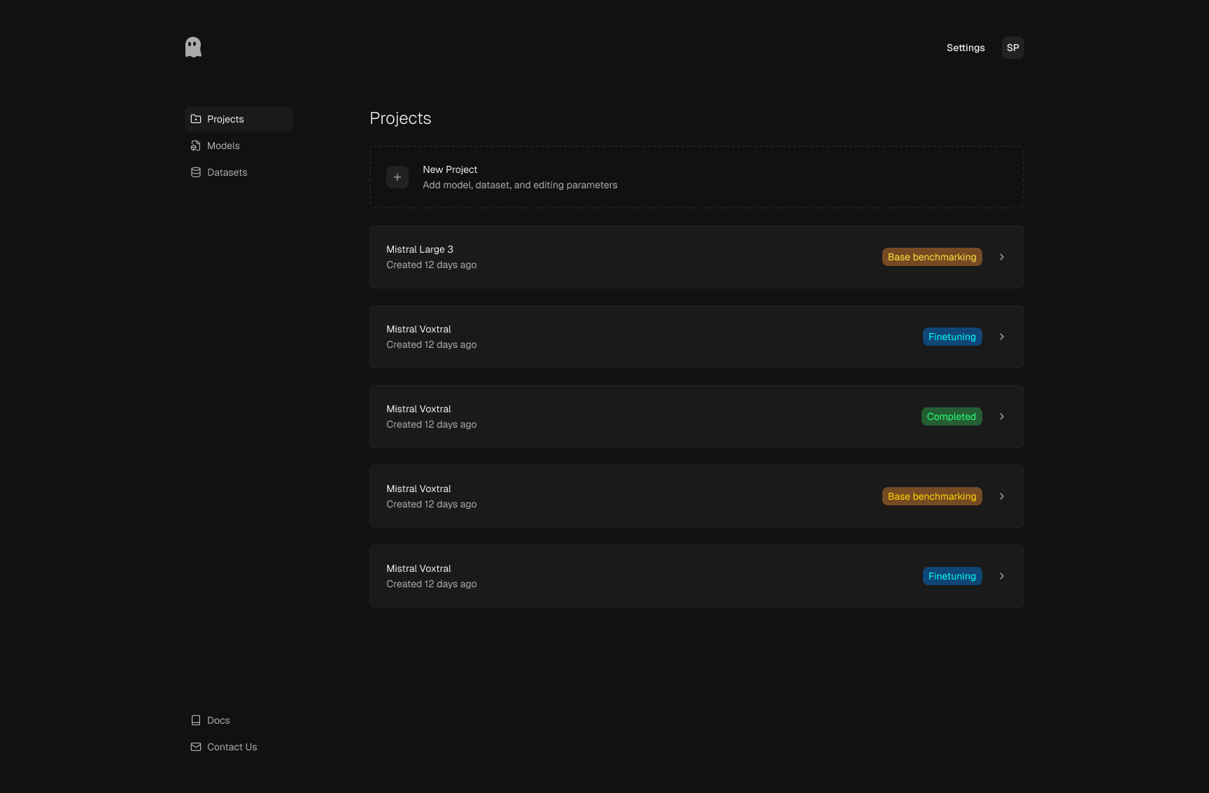 Poltergeist projects list screen with project cards and status badges