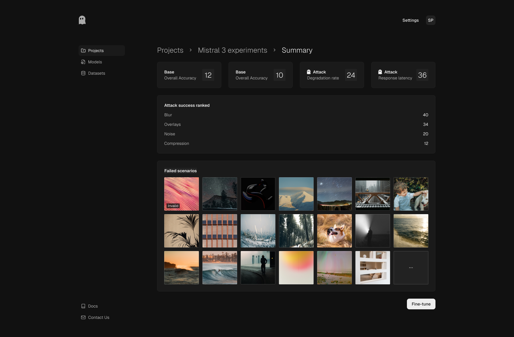 Poltergeist run summary dashboard with key metrics and failed scenario thumbnails